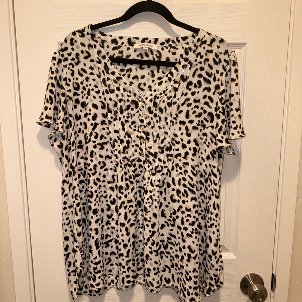 Rose + Olive Leopard Print Flutter Sleeve Blouse